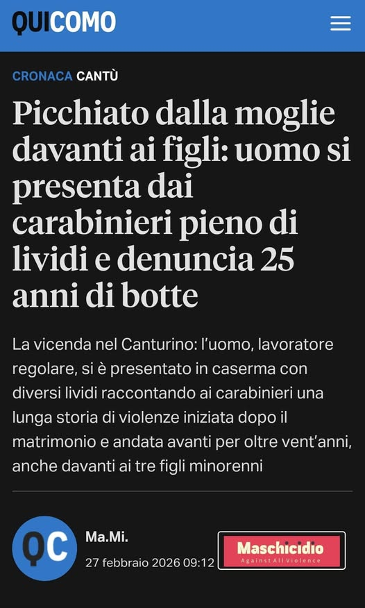 maschicidio's tweet photo. DIFFERENZA DONNA 
Picchiato dalla moglie davanti ai figli: uomo si presenta dai carabinieri pieno di lividi e denuncia 25 anni di botte

#violenzafemminile #maltrattamentiinfamiglia #aggressioni #percosse #violenzaassistita #lesioni  #donneviolente 

https://t.co/qm5RYj7gJa https://t.co/iqX0ygGqkb