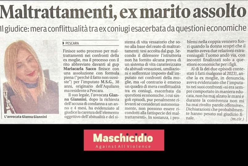 maschicidio's tweet photo. LE FALSE ACCUSE IN FASE DI SEPARAZIONE SONO DIVENTATE UNA COSTANTE.
Maltrattamenti, ex marito assolto

#falseaccuse #violenzafemminile #violenzaistituzionale #CodiceRosso #cancrofemminista #Ingiustizia #procurefemministe #donneviolente https://t.co/7c6sUNX4j2