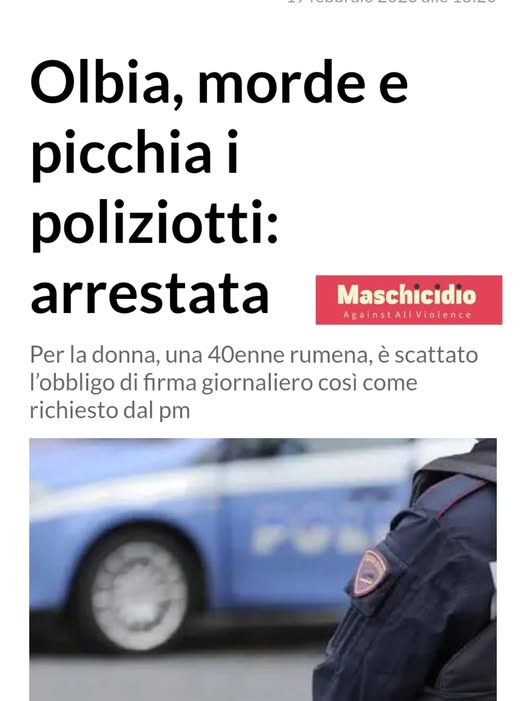 maschicidio's tweet photo. LADRA MORDACE
Olbia, morde e picchia i poliziotti: arrestata

#violenzafemminile #violenzadigenere #aggressioni #femminismotossico #donneviolente 

https://t.co/JBHniddqTu https://t.co/HncWinWBuD