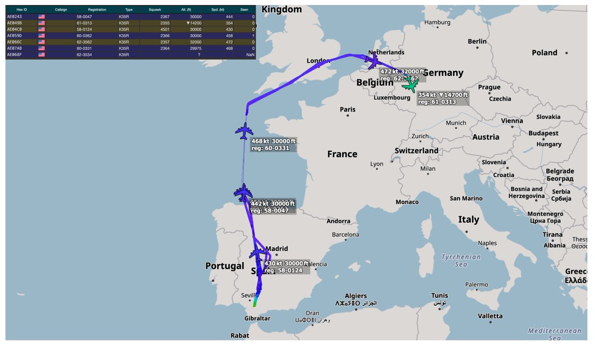 ArmchairAdml's tweet photo. #USAF United States Air Force - Middle East Activity
2000z

Boeing KC-135 Stratotanker 7x
#AE07AB 60-0331 - REACH 213
#AE059D 60-0362 - REACH 295
#AE0243 58-0047 - REACH 203
#AE04C0 58-0124 - REACH 275
#AE068F 62-3534 - REACH 429
#AE066C 62-3562 - REACH 263
#AE049B 61-0313 - REACH ???

Seven KC-135s are repositioning from Moron Air Base in Spain, to Ramstein Air Base in Germany.

@MATA_osint