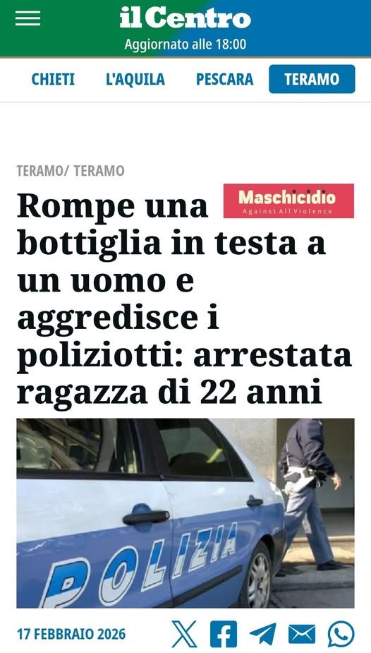 maschicidio's tweet photo. SPACCONA DI BOTTIGLIE 
Rompe una bottiglia in testa a un uomo e aggredisce i poliziotti: arrestata ragazza di 22 anni

#violenzafemminile #violenzadigenere #aggressioni #lesioni #donnaubriacona #resistenza #femminismotossivo #donneviolente 

https://t.co/SRoRT1Ex9S https://t.co/pZY5vOY23E