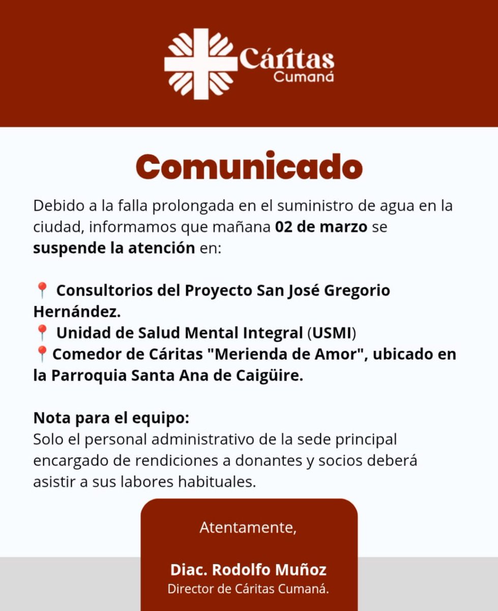 ElMedioVen's tweet photo. 🚨 #Atención | A través de un comunicado, la ONG Cáritas Cumaná informó que suspenderá la atención en tres de sus programas sociales para este lunes, #2Mar, debido a la falla prolongada en el suministro de agua en la ciudad. https://t.co/n9nE49U0OU