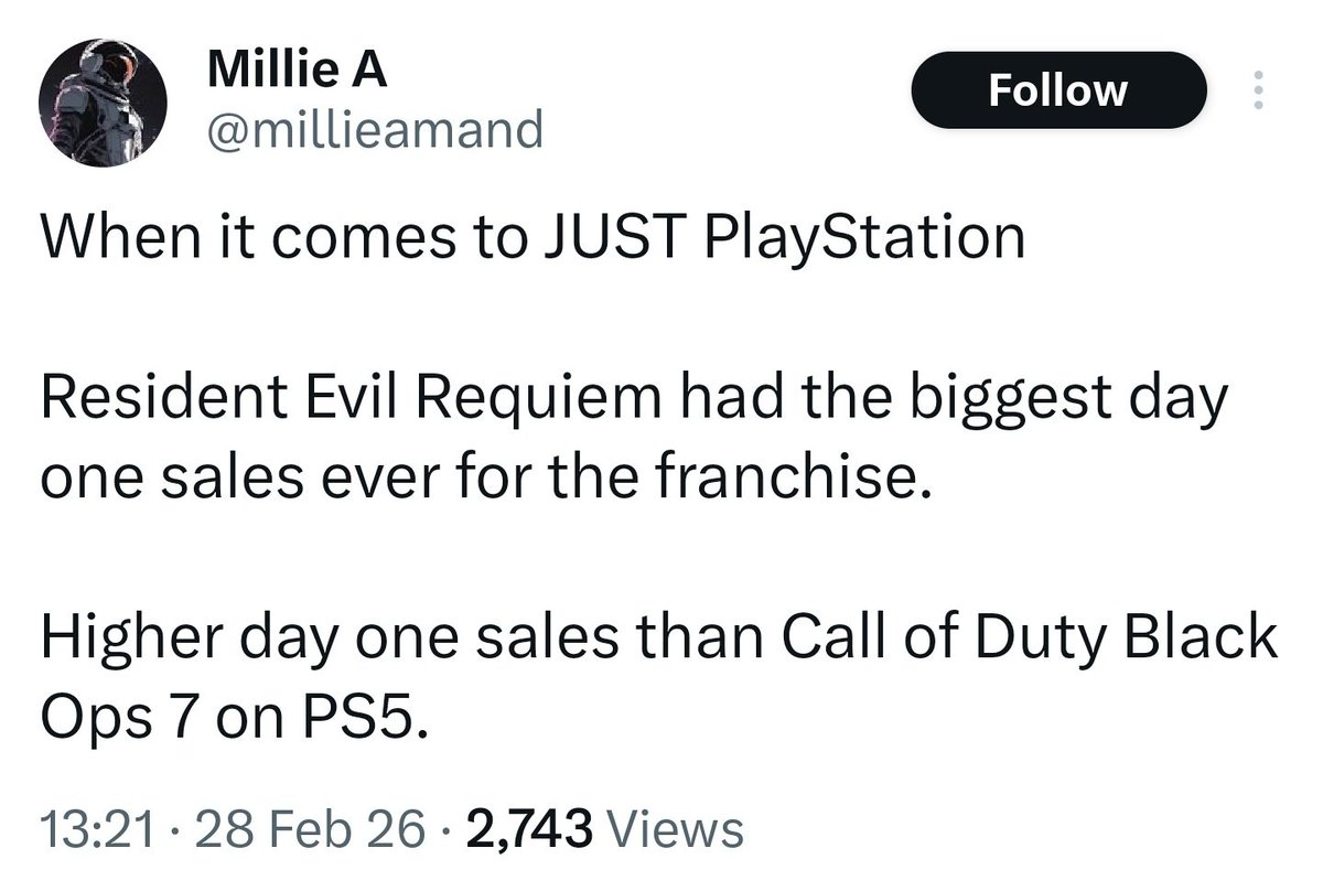 nib95_'s tweet photo. Resident Evil Requiem is a HUGE success.

Reportedly has highest ever day one franchise sales on #PlayStation, higher than COD Black Ops 7!

PS5 Pro also sold out on PS store in multiple countries. Seen folk buy on timeline too.

On Steam it hit RE record peak players too; 344k! https://t.co/h7R9OIZLma