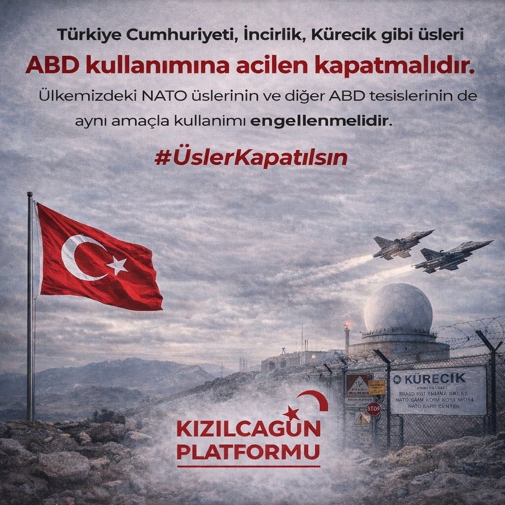 Türkiye tehdit altındadır.
Düşman yarın kapımızdadır.

O nedenle; İncirlik Üssü ve Kürecik Üssü derhal ABD’ye kapatılmalıdır.

Türk milletinin bu çağrıyı yapması anlamlıdır.
 #ÜslerKapatılsın