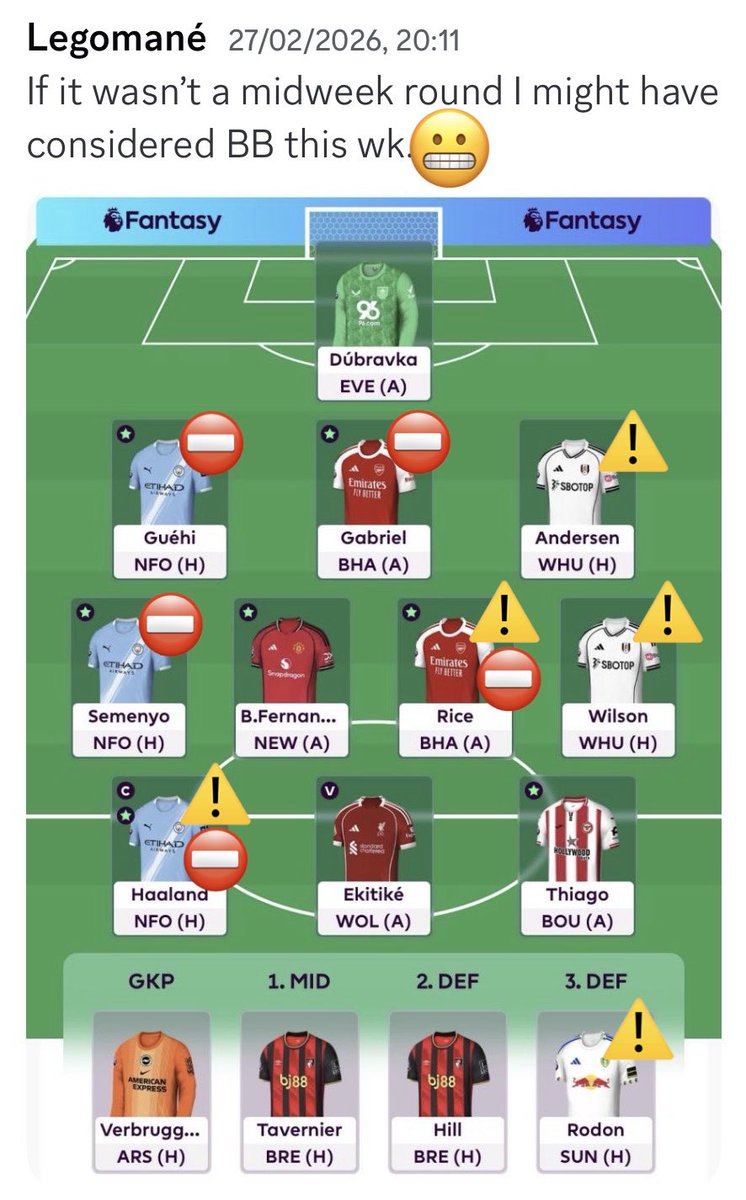 Legomane_FPL's tweet photo. Irresponsible/premature #BB29 speculation bites..

Now just 1FT (2.3 ITB), looking like 5 flags⚠️ albeit at least some crossover with my 5 BGW31’ers ⛔️ who are on the chopping block.. https://t.co/q7ma8LvnSY