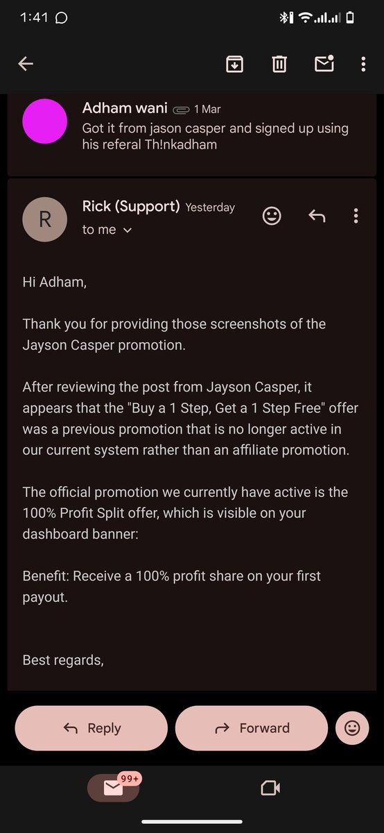 thinkadham's tweet photo. @jayson_casper @bitfunded Bro i signed up using your link, but did not get this offer. This prop firm seems shady to me. I talked to their support and they are denying this offer https://t.co/9m9sEqHwxQ