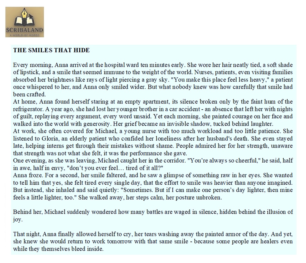 scribaland's tweet photo. #scribaland THE SMILES THAT HIDE
Story reveals the poignant reality of #smilingdepression,where a selfless healer uses her own joy as a shield for others while privately navigating the heavy burden of #herowngrief!#scribaland1 #thesmilesthathide #invisiblebattles #healerswhobleed https://t.co/t7mLjhXJ5h