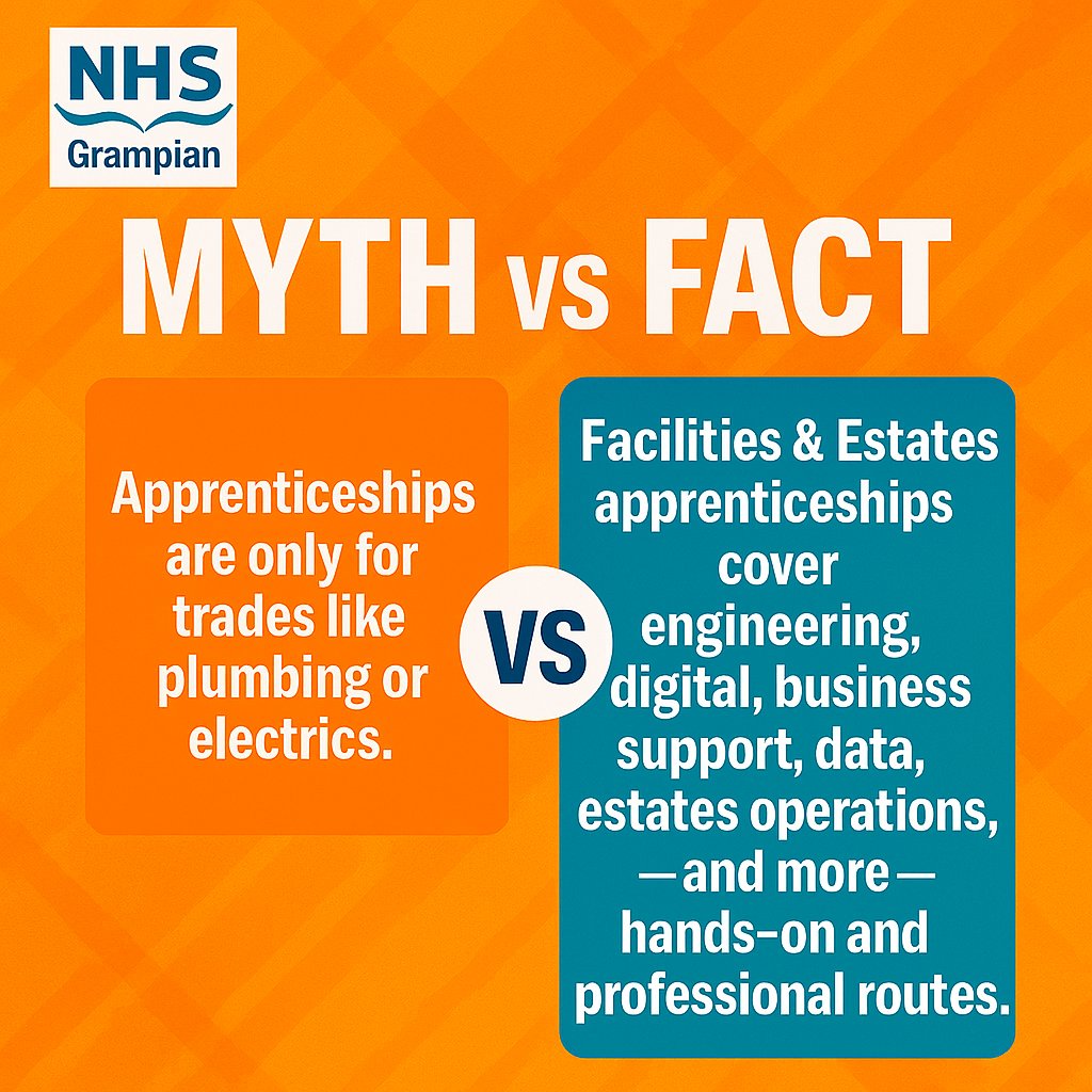 NHSG_Facilities's tweet image. Think you know apprenticeships? 👀
Think again!
We’re kicking off Day 1 of Myth vs Fact with a big one… and F&amp;amp;E might surprise you. 😉
#WorkingForScotland #ScotAppWeek26 #NHSGrampian