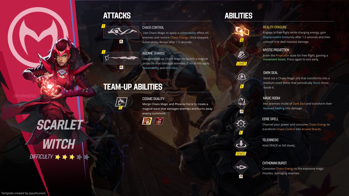 MY SCARLET WITCH REWORK CONCEPT! 

In this rework, I leaned more towards a utility-oriented DPS that can achieve high numbers in the right hands. I maintained Wanda's gameplay essence and emphasized her magical abilities. 

🧵Short thread breaking down her abilities in depth: