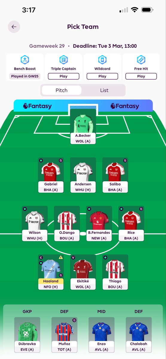 Do I just roll knowing that if:
Haaland, Wilson, Rice miss out
Enzo, Chalobah &amp; Munoz come in?