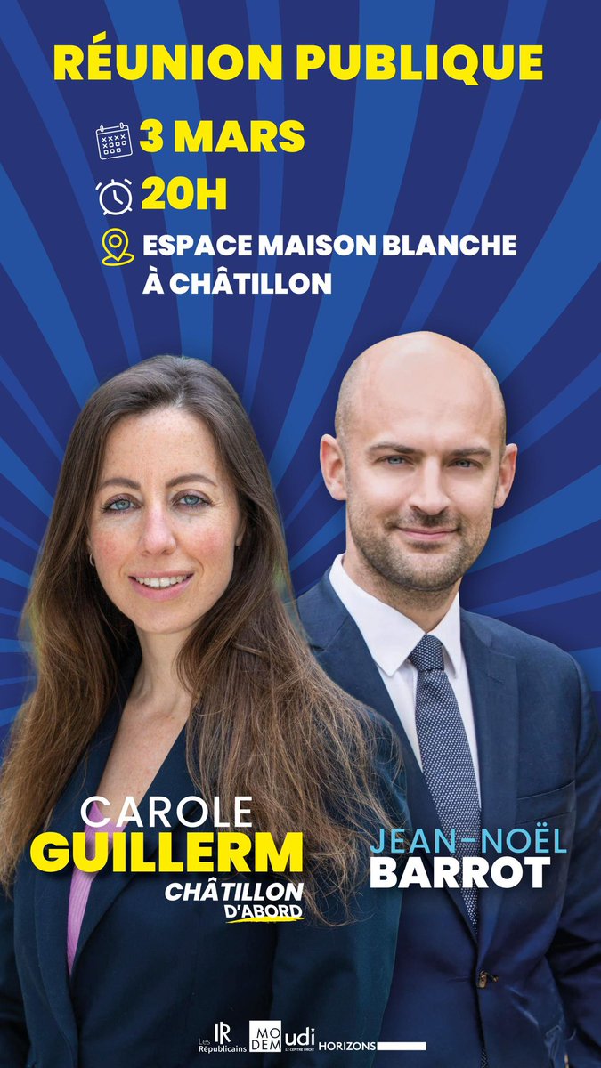 📣 Réunion publique à Châtillon !

🗓 mardi 3 mars
⏰ 20h
📍 Espace Maison Blanche
📖 Présentation du programme

Retrouvons-nous pour échanger sur l’avenir de notre ville avec l’ensemble des colistiers de la liste « Châtillon d’abord », en présence de Jean-Noël Barrot. 

Votre