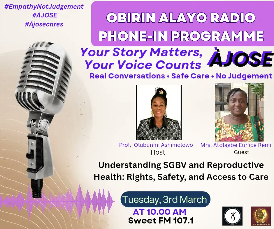 Don’t scroll past this! 🔥📻
The rebroadcast of Ajọ̀ṣé 
🗓 Mon, 3 March | 10:00am
📍 Sweet FM
🎙 Featuring Mrs. Eunice Atolagbe

Set your reminder ⏰, tag a sister 👭, and RT to spread the word! 
#ObinrinAlayo #Ajose #WomenVoices #GenDi #SheLeads @ajose @YourStoryMatters