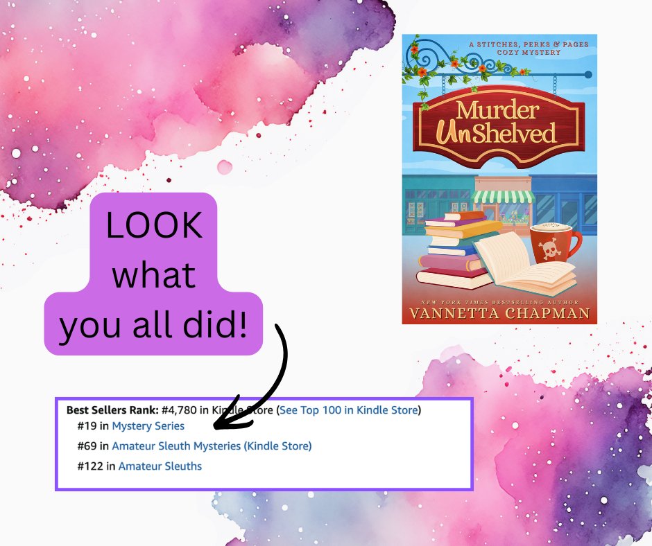 VannettaChapman's tweet image. Standing ovation for you guys. LOOK at what you did yesterday. We're in the top 20 of the Amazon mystery series, and we don't release for 25 days. You all are AWESOME. books2read.com/murderunshelved #CozyMystery #newseries @AmazonKindle