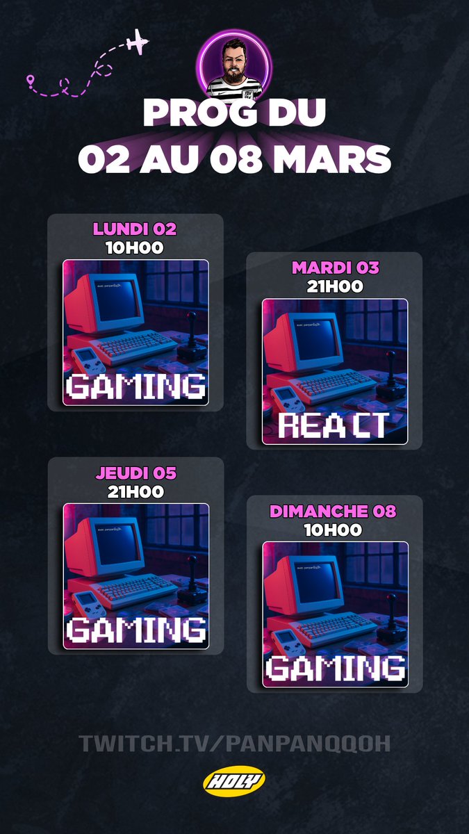 Planning de la semaine ! 🗓️
Entre gaming et React 🕹️📺
Notez les jours et heures des lives ♥