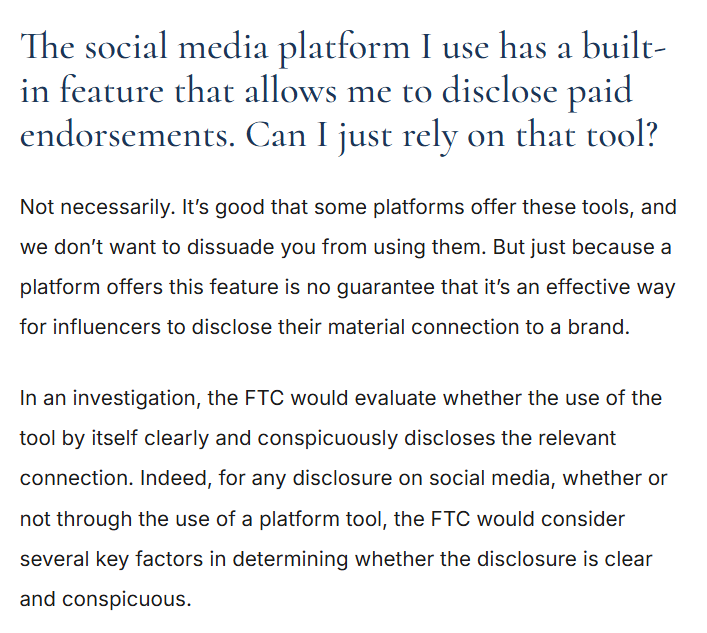 Careful relying on this part in the quoted tweet: "without having to include 'ad' or 'sponsored' in the copy."

The FTC has made its position on native platform disclosure tools clear: offering a tool "is not a guarantee that it's an effective way for influencers to disclose..."