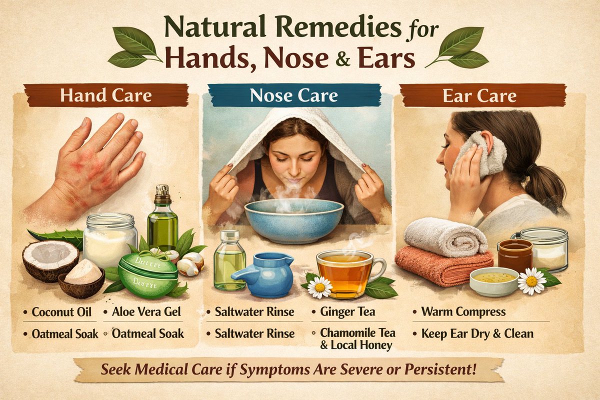 hb_isaacar1998's tweet photo. Common diseases of the hands, nose, and ears can often be managed with supportive natural remedies when they are mild. Hand conditions like eczema or fungal infections may cause itching, dryness, redness, or cracked skin, and natural options such as coconut oil, aloe vera gel, oatmeal soaks, or diluted tea tree oil can help soothe irritation and reduce inflammation. Nose problems like sinusitis or allergic rhinitis usually cause a blocked or runny nose, sneezing, and facial pressure, and these symptoms may improve with steam inhalation, warm saltwater rinses, ginger tea, chamomile tea, or local honey. Ear conditions such as mild ear pain or irritation may feel uncomfortable, and warm compresses placed gently on the outer ear can help reduce pain, while keeping the ear dry and clean is important. However, if symptoms are severe, last more than a few days, involve high fever, strong pain, discharge, or hearing loss, it is important to seek medical care rather than rely only on natural treatments.