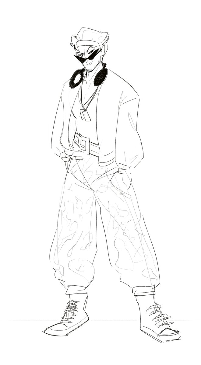Trying to sketch a design for a human Vector, tried combining an 80s jock archetype with gym trainer and military stuff, slightly inspired by Rodimus' holoform from the Transformers comics

Might have to exaggerate some features such as the hair

#brawlhalla #BrawlhallaArt