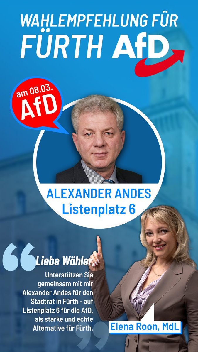 ElenaRoonAfD's tweet image. Weitergeleitet von: t.me/ElenaRoonAfD/1…

⚠️Liebe Wähler in #fürth,

🇩🇪für eine echte und starke Alternative für Fürth am 08.03. ihre Stimme für

👉Alexander Andes, Listenplatz 6 für den #stadtrat in Fürth für die #AfD