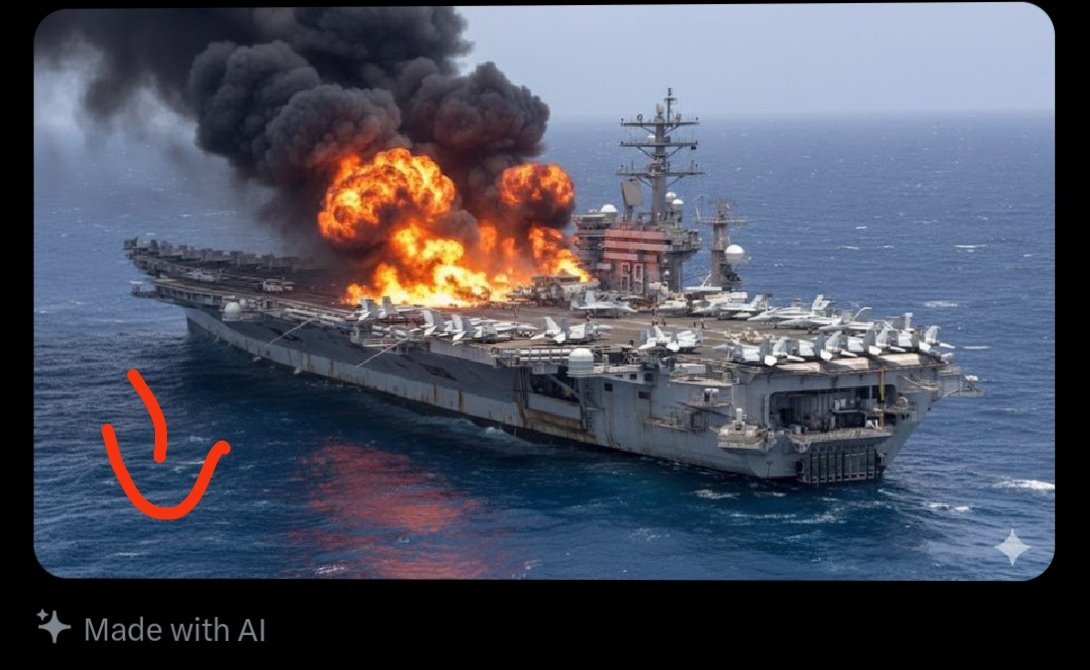 fasszcom's tweet photo. عاجل🚨
أخبار متداولة مع صورة. 
هجوم إيراني على "حاملة الطائرات أبراهام لينكولن" بصواريخ
باليستية وتخلف قتلى وجرحى بين الضباط الأمريكيين.
في الصورة 2 سهم الحقيقة.

#Khamenei #dubaiattack #war #IranWar #Israel #usawar #americaattack https://t.co/8IiaLfaRrL