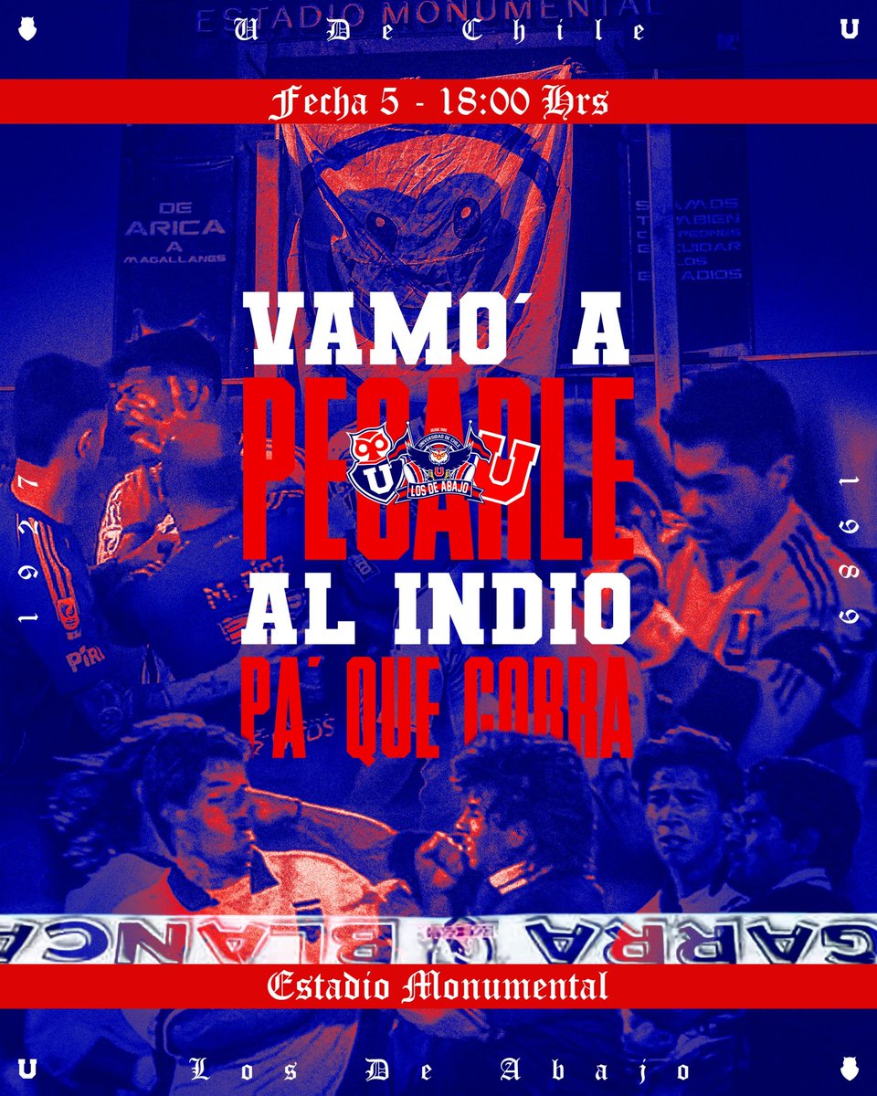 ¡Hoy juega la U!

Desde todos los rincones de Chile y el mundo, alentamos al Bulla, al León, al Romántico Viajero.

Superclásico 199 y la número uno jamás abandona.

Por los que no están, los que no pueden y Nene de La Florida Rebelde. 🤘

¡Y dale Bulla, dale!🔵🔴