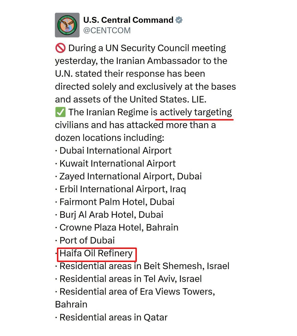 0g_69's tweet photo. In a now deleted post, US military said Iran is "actively targeting" Haifa Oil Refinery in Israel. https://t.co/7PjkHt3p2J