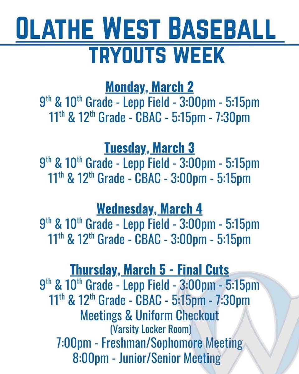 OlatheWestBSB's tweet photo. OW Baseball Tryout Schedule 2026 https://t.co/MOc4UQfGbs