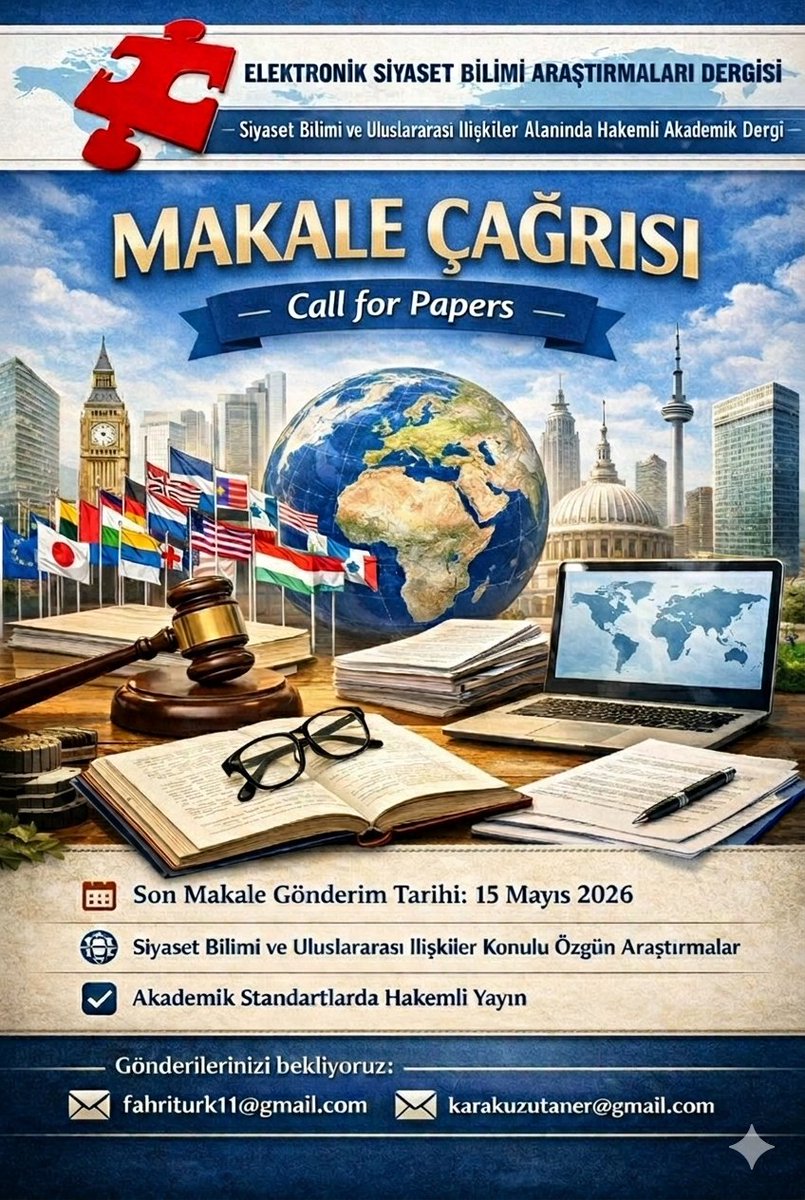 dresrasezer's tweet photo. 📢 Makale Çağrısı
Elektronik Siyaset Bilimi Araştırmaları Dergisi "ESBA" siyaset bilimi ve uluslararası ilişkiler alanında özgün, kuramsal ve uygulamalı çalışmaları değerlendirmek üzere yeni sayısı için makale kabulüne başlamıştır. Değerli çalışmalarınızı heyecanla bekliyoruz... https://t.co/XpOQt3uKbu