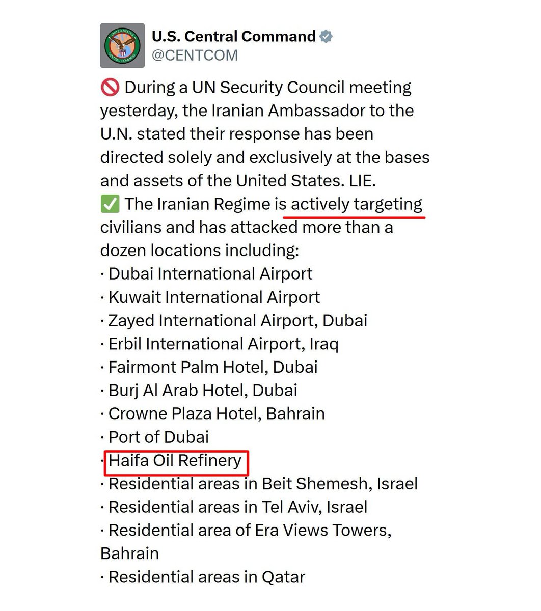 🚨 BREAKING:

Unverified social media posts claim the U.S. military said Iran is “actively targeting” the Haifa oil refinery in Israel, but there has been no official confirmation from the U.S. Department of Defense or Israeli government.