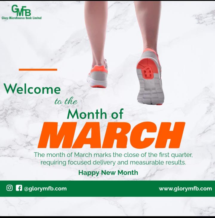 glorymfb's tweet photo. Welcome to the month of March.

We sincerely appreciate your continued trust and patronage. May this new month bring you success, prosperity, and progress in all your endeavors.

We remain committed to serving you better.

Happy New Month. https://t.co/KwSwK0bzTP