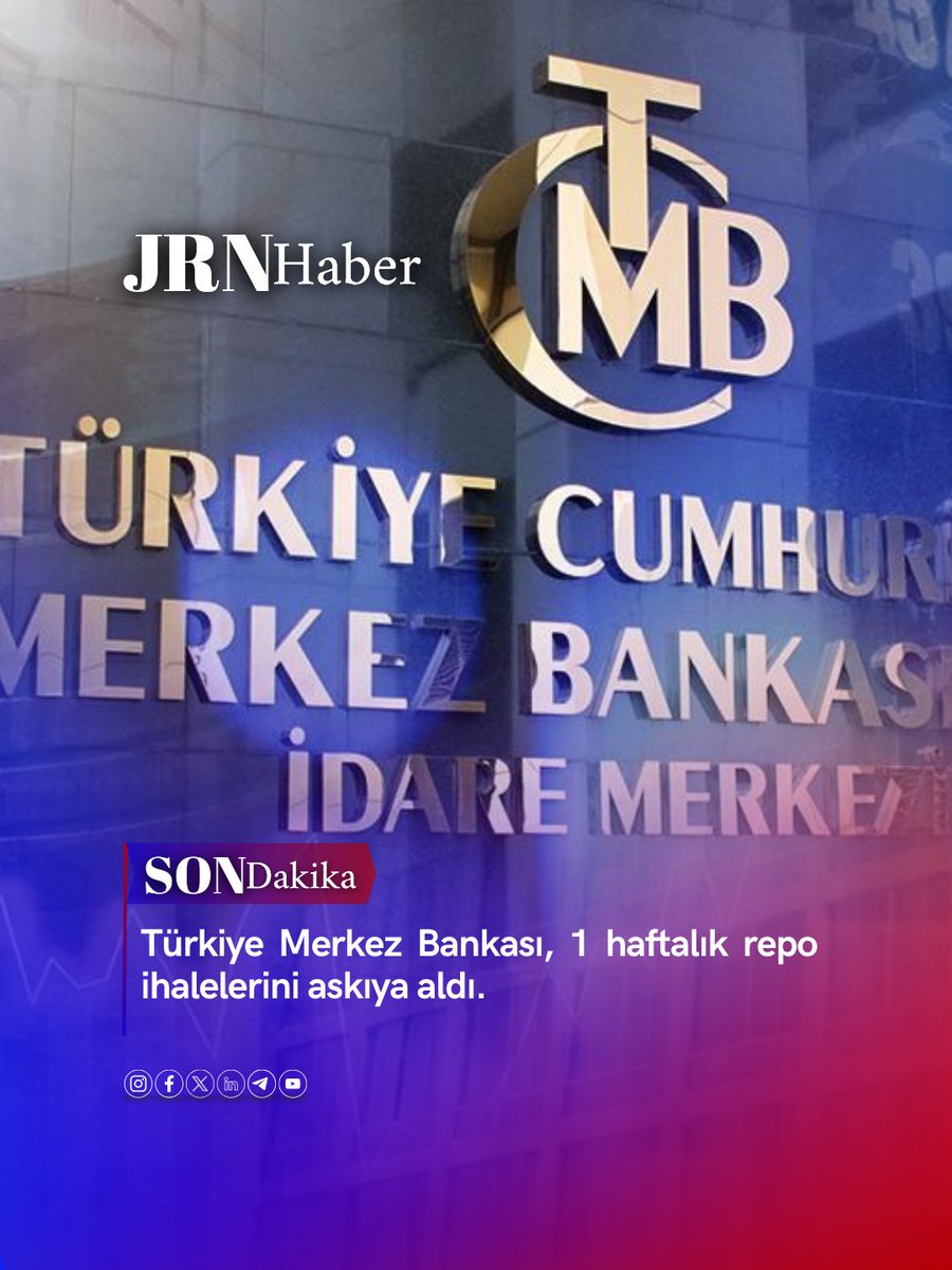 jrnhaber's tweet photo. 🔴 #SONDAKİKA | Türkiye Merkez Bankası, 1 haftalık repo ihalelerini askıya aldı.

#MerkezBankası #ekonomi #ihale #repo https://t.co/RalMepwqm9