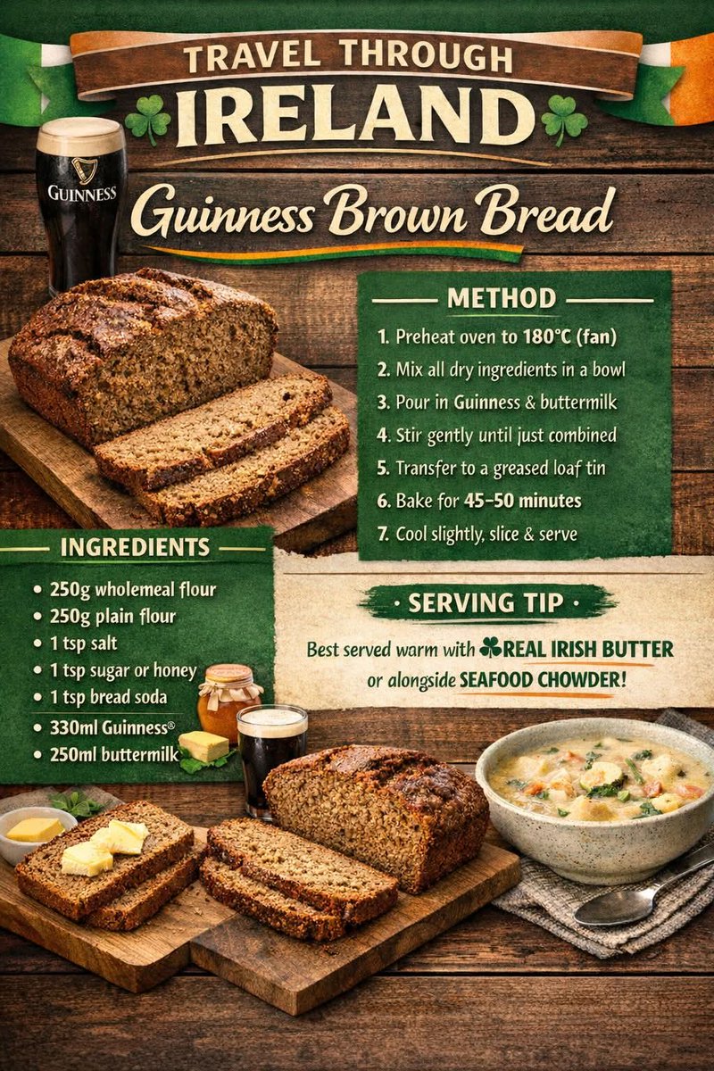 ThisIsIreland3's tweet photo. 🍀 Guinness Brown Bread – A True Taste of Ireland 🍞

There’s nothing more Irish than a warm slice of homemade brown bread, fresh from the oven, especially when it’s made with a splash of Guinness 🇮🇪

Rich, slightly sweet &amp; beautifully hearty – perfect with real Irish butter 💚 https://t.co/RHGPBVXDaH