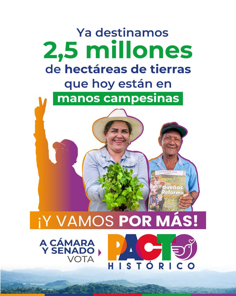 🤲 2,5 millones de hectáreas ya están destinadas a manos campesinas. La tierra es para quienes la trabajan y fortalecen la soberanía alimentaria. 🇨🇴

📌 Este 8 de marzo
🗳️ Vota Pacto a Cámara y Senado
❌ No votes la consulta

🙌 #VamosPorMás tierras, más campo y más progreso.🌿
