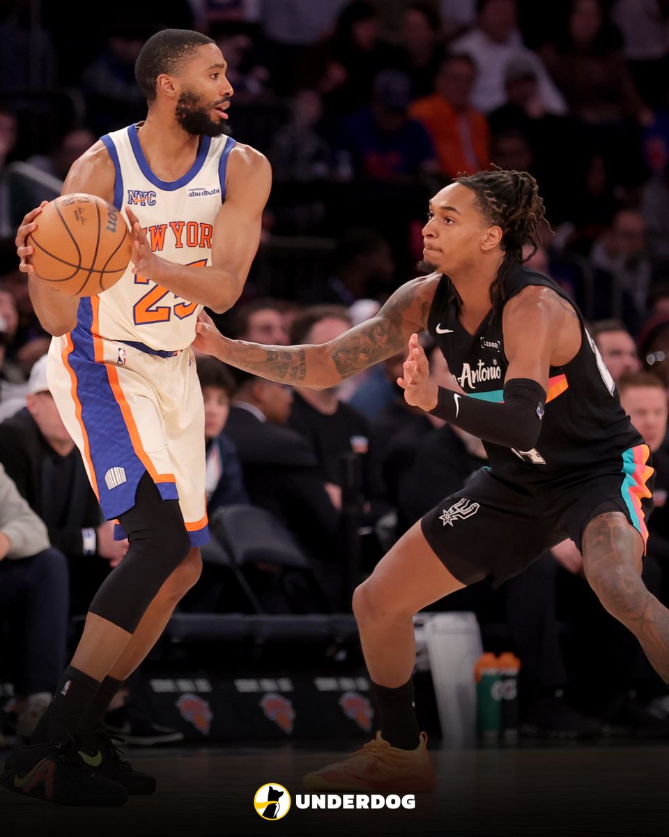 UnderdogNBA's tweet photo. Mikal Bridges in win vs. Spurs:

25 PTS
5 REB
5 STL
10-17 FG
5-9 3PT

Knicks are 15-2 all-time when Bridges scores 25+ PTS.

Snapped San Antonio's 11-game win streak. https://t.co/1FS84Hdd1Q