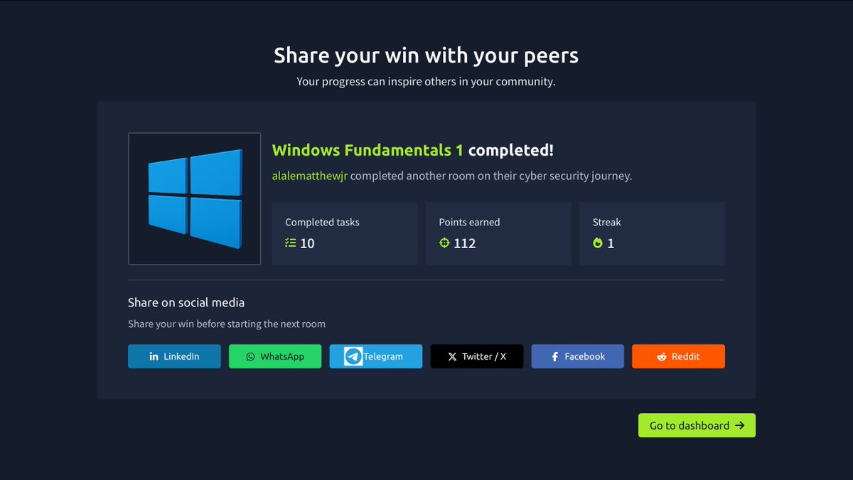 _kwesiiii's tweet photo. Just completed Windows Fundamentals 1 to 3 on @tryhackme . Learned Windows structure, NTFS permissions, system tools, and how Defender, Firewall, Updates, BitLocker, and TPM protect systems. Stronger cybersecurity foundation. #30DaysOfTech #LearnWithTSAcademy @TechSphereAcad https://t.co/chbgFtnL2n