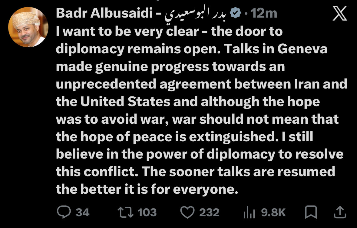 These are the clearest signs yet that Trump’s call for a ceasefire, just one day into the war with Iran, has been turned down by Tehran. War isn't a video game you can pause or switch off whenever you feel like it. It's deadly serious business. <a href="/badralbusaidi/">Badr Albusaidi - بدر البوسعيدي</a> <a href="/araghchi/">Seyed Abbas Araghchi</a>