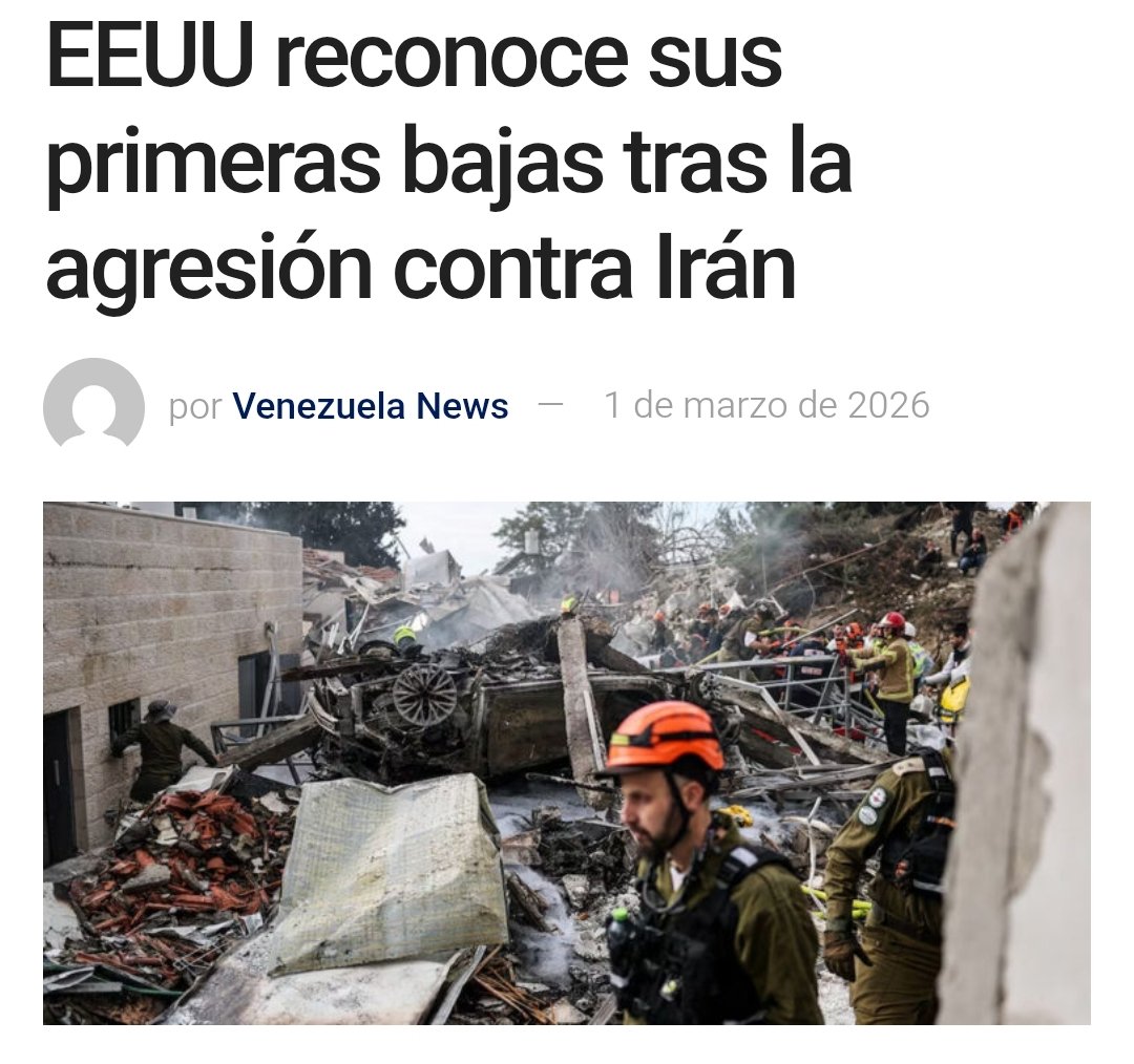 angel40924's tweet photo. El Mando Central de Estados Unidos (Centcom) informó oficialmente este domingo 1 de marzo que tres militares de EEUU han muerto y otros cinco han resultado gravemente heridos como consecuencia de las operaciones de combate en Irán.

Este reporte representa el primer reconocimiento de bajas fatales propias desde que se iniciaron los ataques conjuntos contra Teherán.

Según el comunicado del Centcom, además de los fallecidos, varios efectivos sufrieron heridas leves por metralla y conmociones cerebrales, aunque se espera que se reintegren al servicio a la brevedad.

A pesar de las bajas reportadas, la administración de Donald Trump ha ratificado su postura de fuerza. El secretario de Guerra, Pete Hegseth, emitió un contundente mensaje a través de sus canales oficiales:

«No toleraremos misiles potentes dirigidos contra el pueblo estadounidense. Estos misiles serán destruidos, junto con la producción de misiles de Irán. La Armada iraní será destruida», sentenció Hegseth.
#Iran