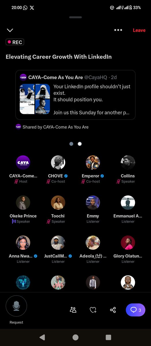 Cybersecurity Streak | Day 14 ✅

At <a href="/CayaHQ/">CAYA-Come As You Are</a>, we discussed Elevating Career Growth with LinkedIn; using the platform to improve, develop, and advance career opportunities

Thank you <a href="/Cyberhijabitech/">Maryam Shuaibu Aliyu</a> , <a href="/PorryferaOkeke/">Okeke Prince</a> and other speakers as well

<a href="/chovwenofuru/">CHOVE</a> <a href="/cyberjeremiah/">Ezechi Jeremiah</a>