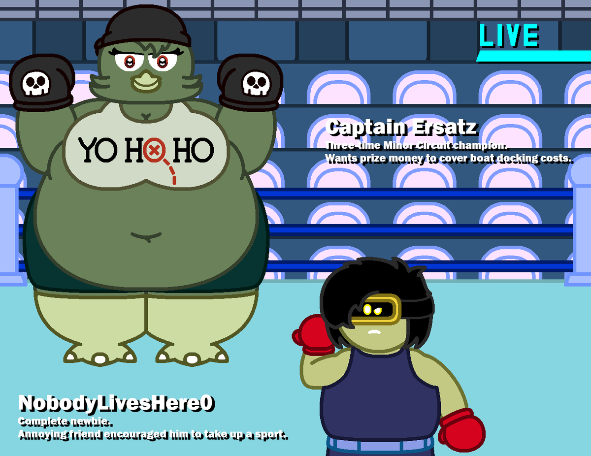 "You don't actually expect me to FIGHT this goliath, right?"

As a pseudo-sequel to my stint as a little league coach, I decided to give <a href="/NobodyLivesHer7/">NobodyLivesHere</a> his own sports-centric character arc.
He was too heavy to play hockey, so I devised a plan B.

#thetobyshow #oc