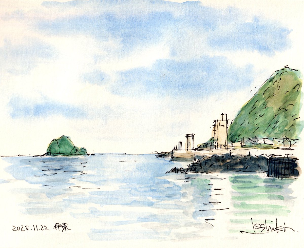 ペン水彩画伊東の風景 「伊東 海岸から」 F0(180x145) 2025年11月22日