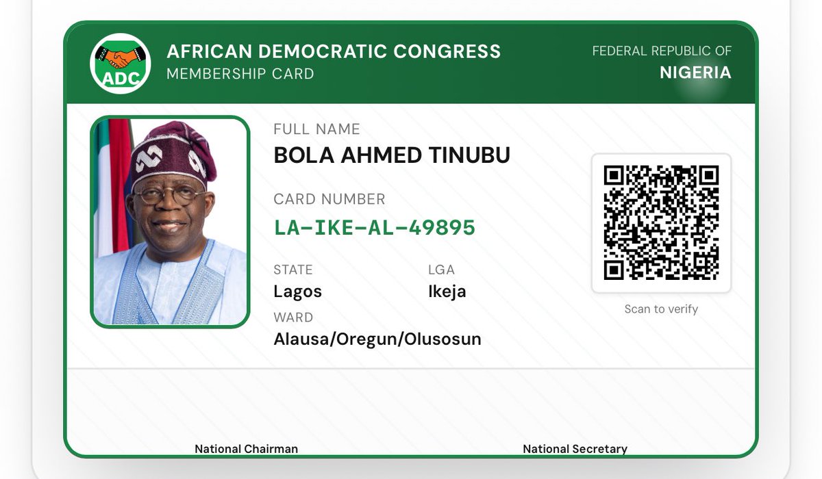 I have just registered Bola Ahmed Tinubu as a member of the ADC on their portal with made up NIN, Phone number and Address.

ADC is a very very useless party.