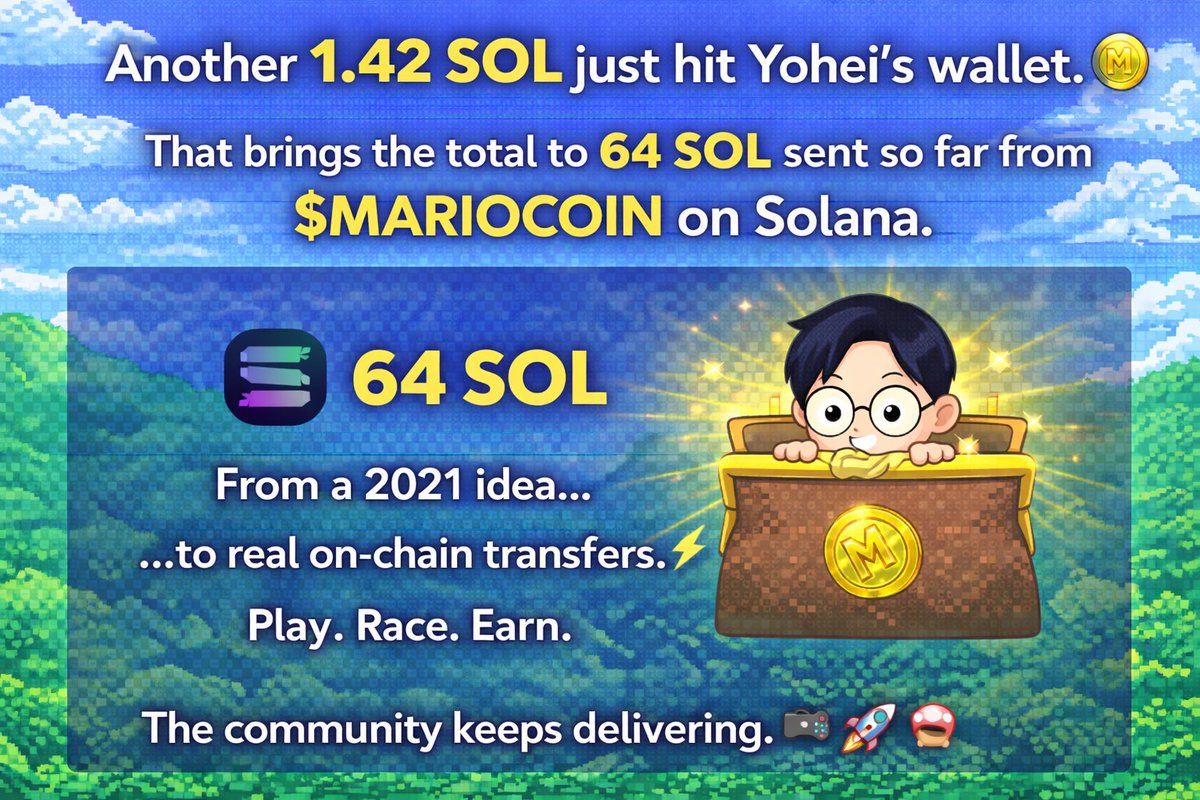 Another 1.42 SOL just hit Yohei’s wallet. 💰

That brings the total to 64 SOL sent so far from $MARIOCOIN on Solana.

From a 2021 idea…
to real on-chain transfers. ⚡
Play. Race. Earn.
The community keeps delivering. 🎮🚀