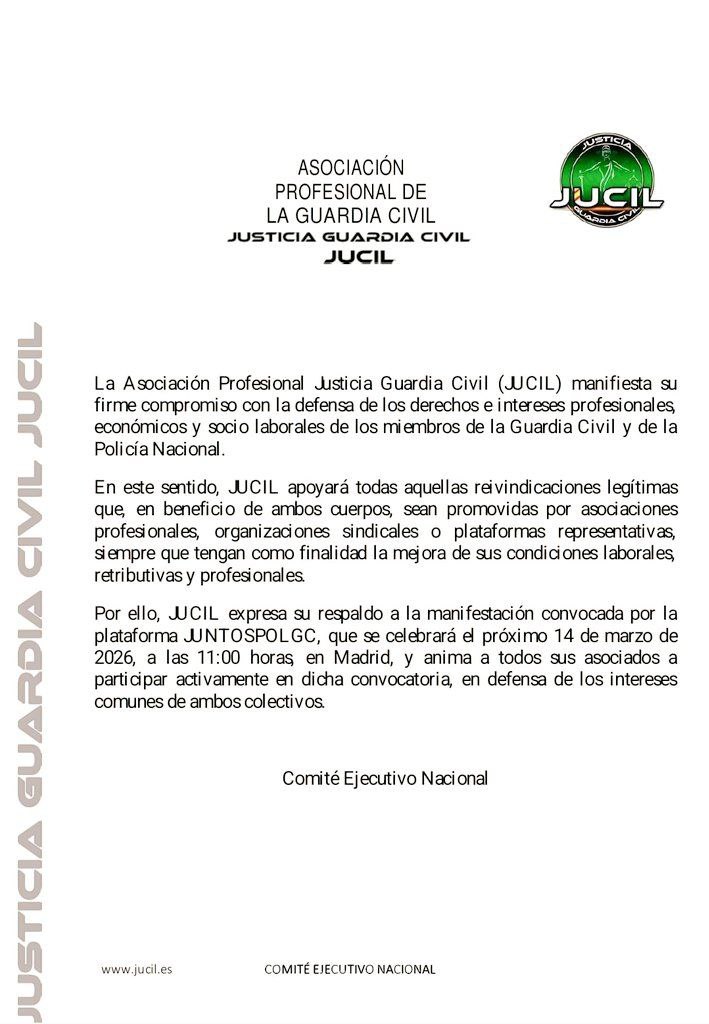 JucilInforma's tweet photo. 💪🏻 En #JUCIL siempre estaremos al lado de quienes luchan por la equiparación salarial, el reconocimiento de profesión de riesgo y una jubilación digna para todos los guardias civiles. 

​Por eso, apoyamos firmemente la convocatoria de @JuntosPolGc. 

📍 Madrid
🗓️ 14M
⏰ 11:00h.

​#EquiparacionYa