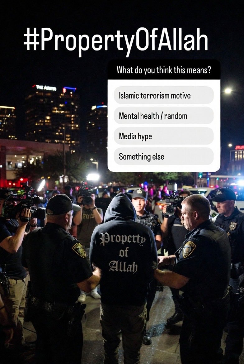 vibethecode's tweet photo. #PropertyOfAllah just hit #1 TRENDING in United States 🔥

Trending alongside: Senegal, Ndiaga Diagne, Austin Texas, The Austin

After Austin bar shooting suspect wore it + Quran in car—FBI probing terrorism.

What do you think this means?

Poll:
🔴 Islamic terrorism motive
🔵 Mental health / random
⚪️ Media hype
🟡 Something else (reply)

#NdiagaDiagne #BreakingNews