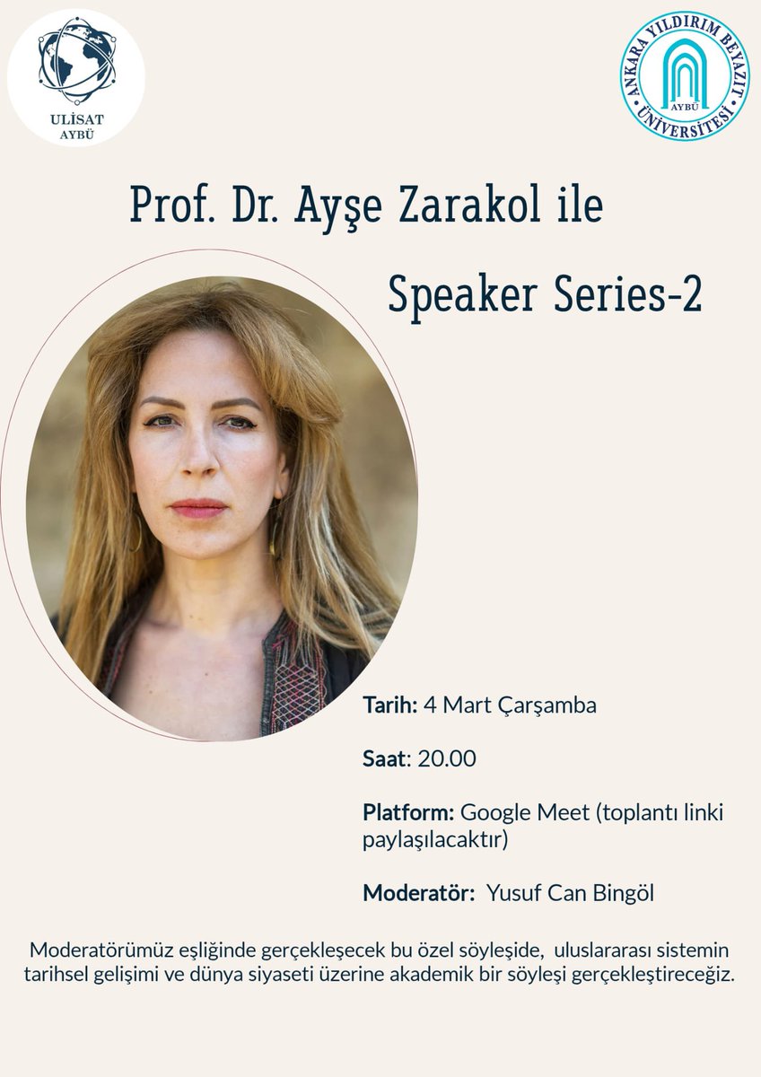 aybulisa's tweet photo. Arkadaşlar selam,

ULİSAT olarak çok kıymetli bir akademik buluşmaya ev sahipliği yapıyoruz. Prof. Dr. Ayşe Zarakol ile uluslararası sistem, tarihsel dönüşümler ve güncel dünya siyaseti üzerine bir söyleşi gerçekleştireceğiz. https://t.co/ItauN2Iawu