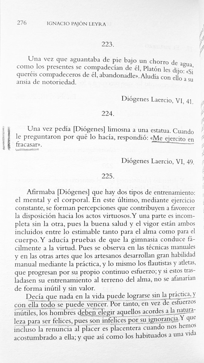 «Me ejercito en fracasar» es una de las frases de Diógenes que más me impresiona.
Para los cínicos, el fracaso es inevitable y natural en la vida; por eso el crecimiento personal no viene de negar que las cosas pueden salir mal, sino de incrementar la tolerancia ante esto.