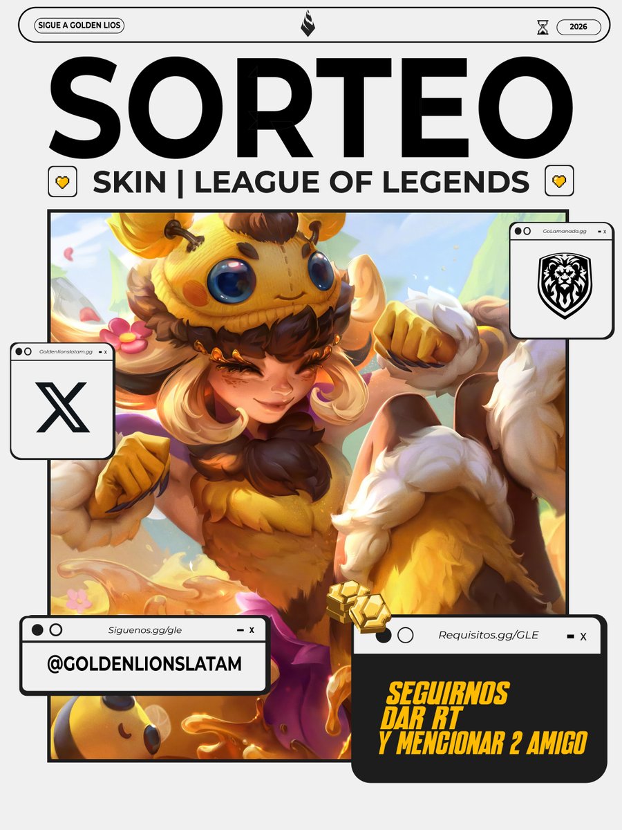 SORTEO 🦁💛🖤

Regalamos una skin de 1350 RP en League of Legends.

Para participar:
— Síguenos
— RT a este post
— Menciona a 2 amigos
Así de simple. Buena suerte. ✨

#leagueoflegendsLATAM | #latam | #Brasil