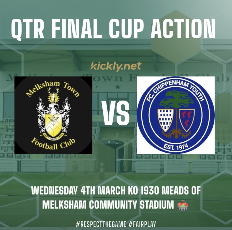 This Wednesday evening come along to the Meads of Melksham community stadium as we face @fcchippenham_ for a place in the cup semi final. Chippenham are in fine form and will be a tough test. 1945 KO ⬛️🟨⬛️🟨⚽️⚽️⚽️