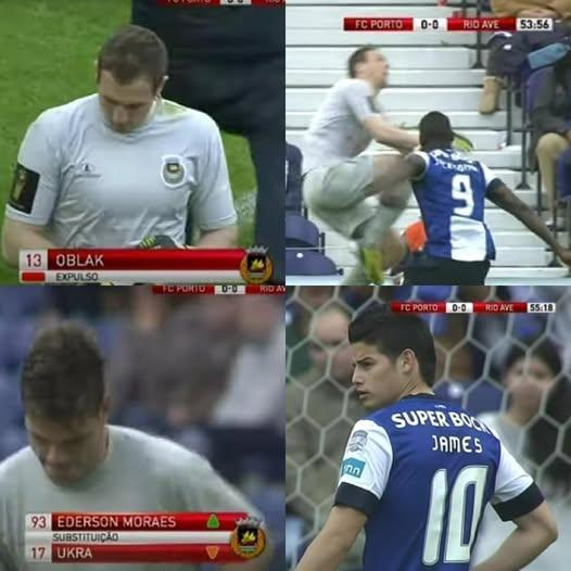 Back in 2013, in a match between Rio Ave and Porto in the Portuguese league...

Rio Ave’s 19-year-old goalkeeper, Jan Oblak, commits a brutal foul on Jackson Martínez and gets sent off. 

To take his place, 18-year-old backup Ederson Moraes comes in. In his first few seconds, he