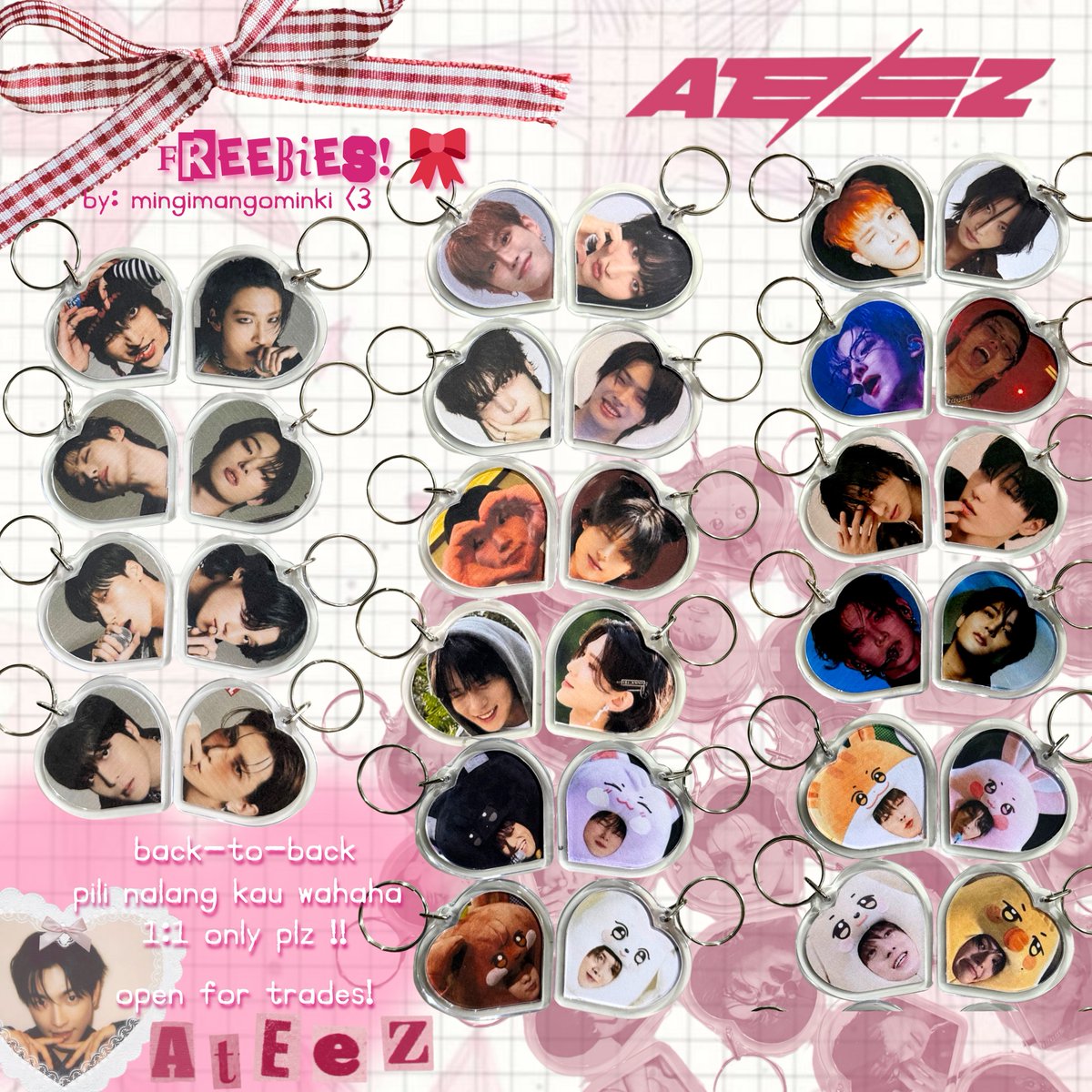 mingimangominki's tweet photo. ATEEZ 2026 [IN YOUR FANTASY MANILA]
freebies by @mingimangominki •ᴗ•

⋆˙⟡♡ Heart Keychains! ≽(•⩊ •マ≼
~ back-to-back print pogixcutie hihi 

🐣 like, rt, mfb!
🎀 March 14 - time &amp; loc tba!
🐣 1:1 onli!
🎀 dm me to trade!

#InYourFantasy_MNL #ATEEZinManila #에이티즈 https://t.co/ao6yEYAUVX