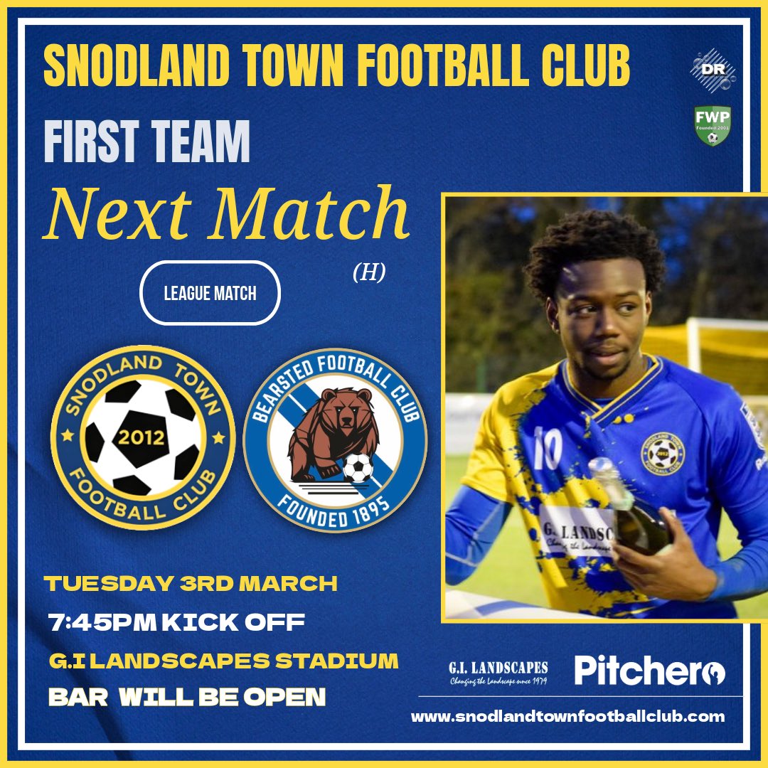 Next up for Snodland Town First Team we host <a href="/Bearsted_FC/">Bearsted Football Club</a> in the <a href="/SCEFLeague/">Presence & Co. SCEFL League</a> on Tuesday! 

📅 Tuesday 3rd March
🏟️ G.I Landscapes Stadium, ME6 5DP
⚽️ 7:45pm KO
🍺 Bar
🎟️ £8 Adults , Concessions £6 and Under 16’s free

Come &amp; Support the Town! 👏🏻 

#UTT 🟡🔵